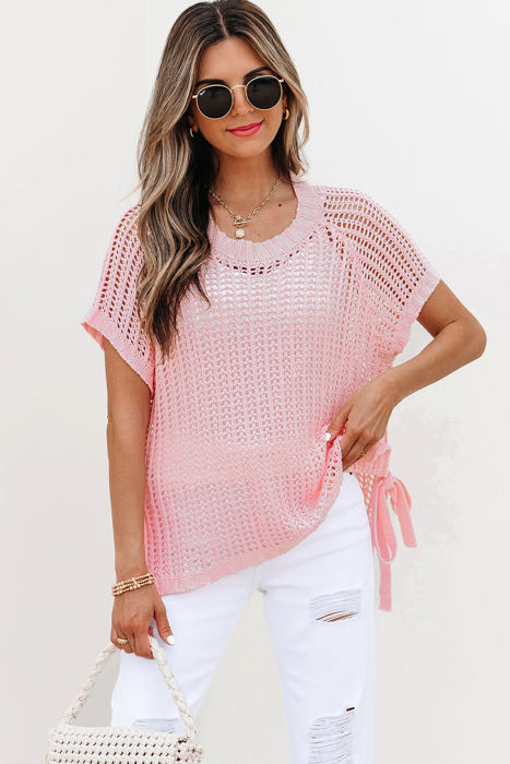 Lettie Hollow-out Crochet Side Tied Short Sleeve Sweater