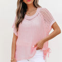 Pink Medium Lettie Hollow-out Crochet Side Tied Short Sleeve Sweater