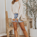  Lia Hollow-out Puffy Sleeve Knit Sweater