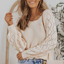 Beige XXL Lia Hollow-out Puffy Sleeve Knit Sweater