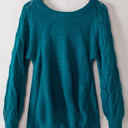 Blue XL Lia Hollow-out Puffy Sleeve Knit Sweater