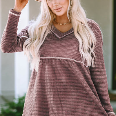 Liana Waffle Knit V Neck Long Sleeve Babydoll Top