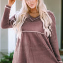  Liana Waffle Knit V Neck Long Sleeve Babydoll Top