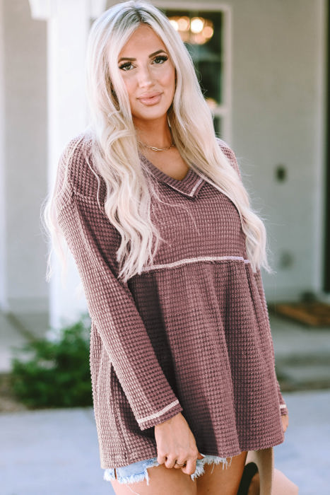 Liana Waffle Knit V Neck Long Sleeve Babydoll Top