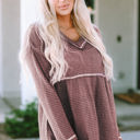  Liana Waffle Knit V Neck Long Sleeve Babydoll Top