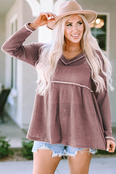 Liana Waffle Knit V Neck Long Sleeve Babydoll Top