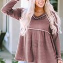  Liana Waffle Knit V Neck Long Sleeve Babydoll Top