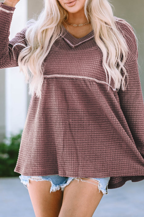 Liana Waffle Knit V Neck Long Sleeve Babydoll Top