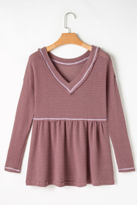 Liana Waffle Knit V Neck Long Sleeve Babydoll Top