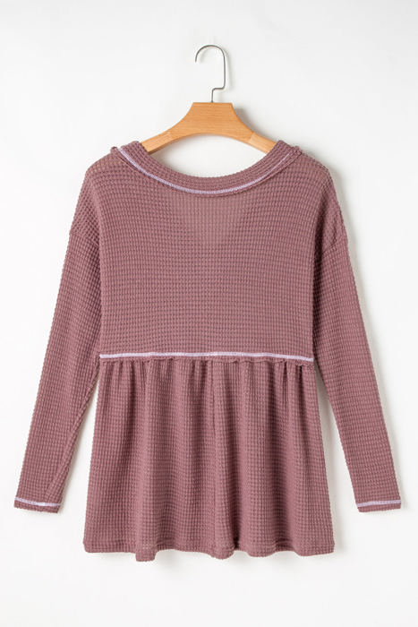 Liana Waffle Knit V Neck Long Sleeve Babydoll Top