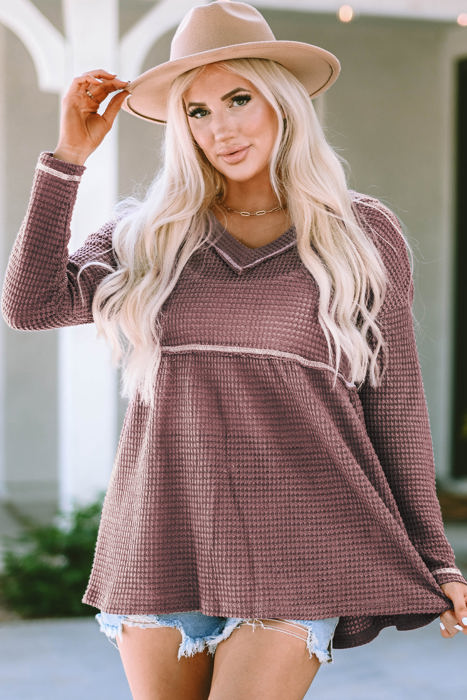 Liana Waffle Knit V Neck Long Sleeve Babydoll Top