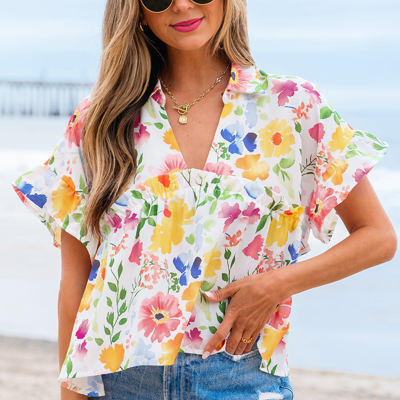Liberty Floral Boxy Fit Ruffled Short Sleeve V Neck Blouse