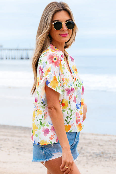 Liberty Floral Boxy Fit Ruffled Short Sleeve V Neck Blouse