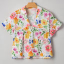  Liberty Floral Boxy Fit Ruffled Short Sleeve V Neck Blouse