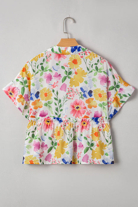 Liberty Floral Boxy Fit Ruffled Short Sleeve V Neck Blouse