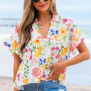 Yellow XL Liberty Floral Boxy Fit Ruffled Short Sleeve V Neck Blouse