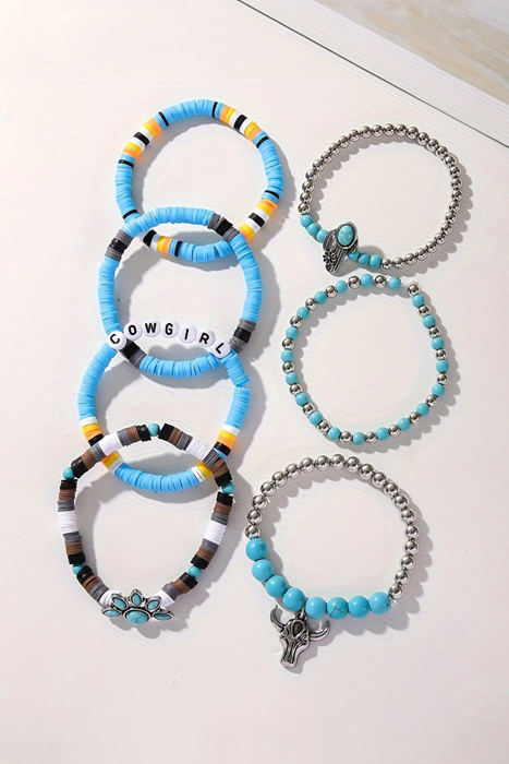 Light Blue 7pcs Boho Turquoise Beaded Bracelet Set