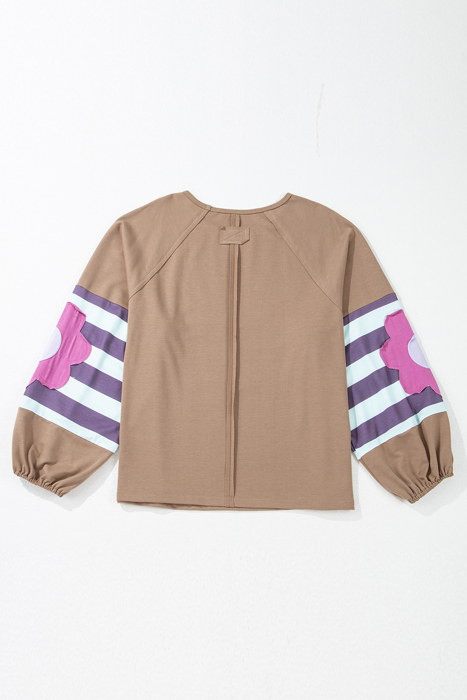 Light French Beige Flower Striped Patchwork Puff Sleeve Loose PLUS Sweatshirt