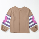  Light French Beige Flower Striped Patchwork Puff Sleeve Loose PLUS Sweatshirt