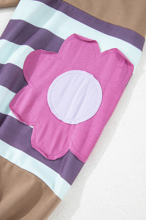 Light French Beige Flower Striped Patchwork Puff Sleeve Loose PLUS Sweatshirt