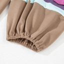  Light French Beige Flower Striped Patchwork Puff Sleeve Loose PLUS Sweatshirt