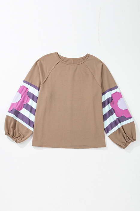 Light French Beige Flower Striped Patchwork Puff Sleeve Loose PLUS Sweatshirt