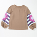 Light French Beige 3X Light French Beige Flower Striped Patchwork Puff Sleeve Loose PLUS Sweatshirt