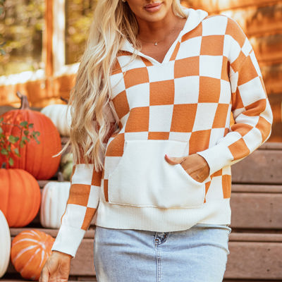 Lila Checkered Kangaroo Pocket Hooded Sweater