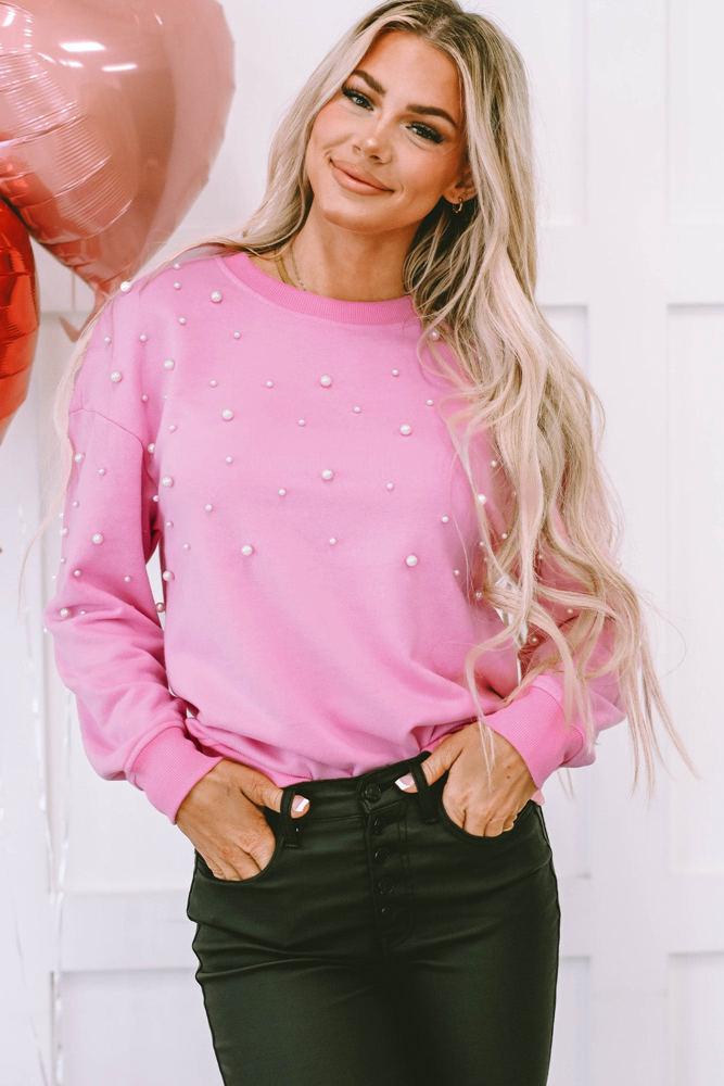 Lilah Pearl Detail Ribbed Crew Neck Sweatshirt