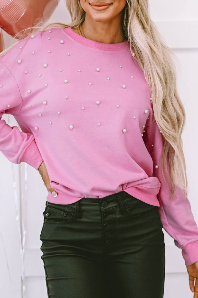 Lilah Pearl Detail Ribbed Crew Neck Sweatshirt