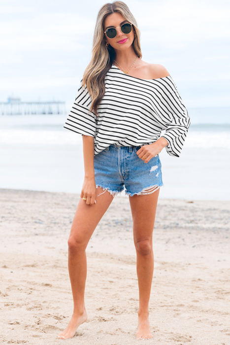 Lilia Stripe Half Sleeve Scoop Neck Loose Top
