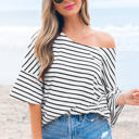 Black Stripe XL Lilia Stripe Half Sleeve Scoop Neck Loose Top