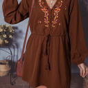 Burgundy Medium Liliana Floral Embroidered Tassel Tie Mini Dress