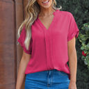 Rose Red XL Lilla Notched Neck Batwing Sleeve Lightweight Blouse