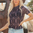 Brown Large Lillian Aztec Short Sleeve Mesh Top