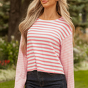 Pink Stripe Large Lilly Textured Contrast Dropped Long Sleeve Top