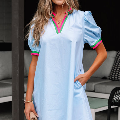 Lily Striped Notched V Neck Puff Sleeve Mini Dress