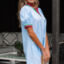  Lily Striped Notched V Neck Puff Sleeve Mini Dress