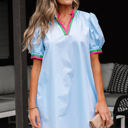  Lily Striped Notched V Neck Puff Sleeve Mini Dress
