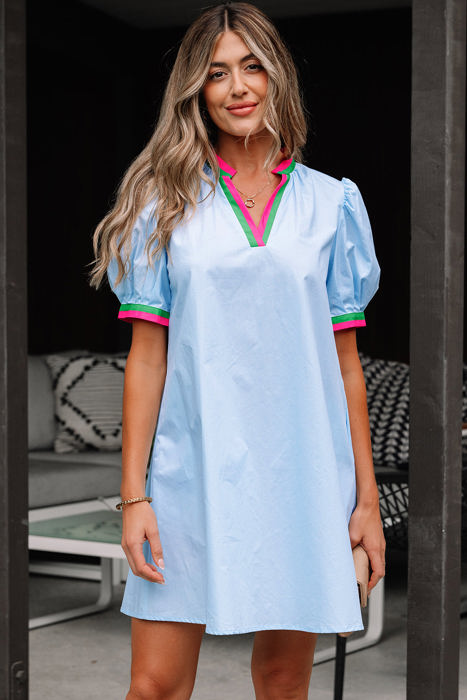 Lily Striped Notched V Neck Puff Sleeve Mini Dress