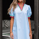  Lily Striped Notched V Neck Puff Sleeve Mini Dress