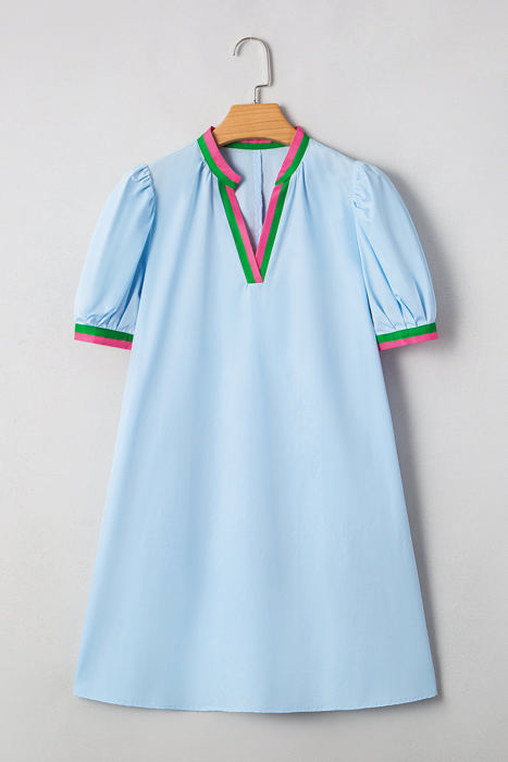 Lily Striped Notched V Neck Puff Sleeve Mini Dress