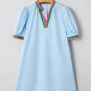  Lily Striped Notched V Neck Puff Sleeve Mini Dress