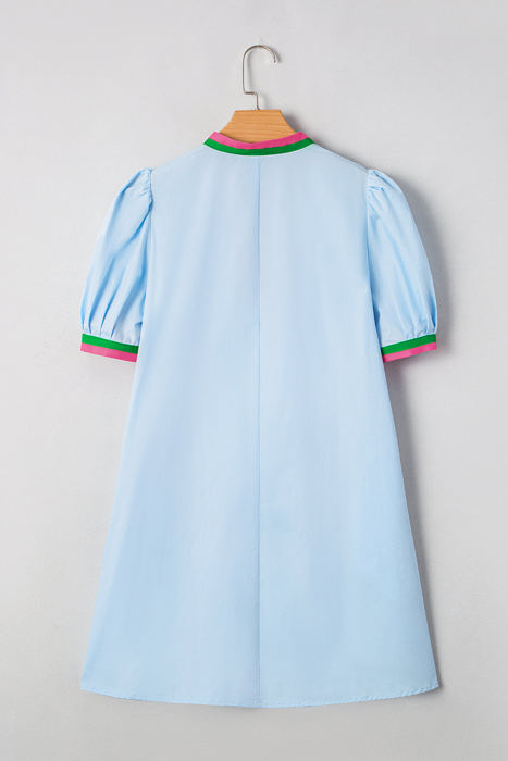 Lily Striped Notched V Neck Puff Sleeve Mini Dress