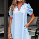 Myosotis XL Lily Striped Notched V Neck Puff Sleeve Mini Dress
