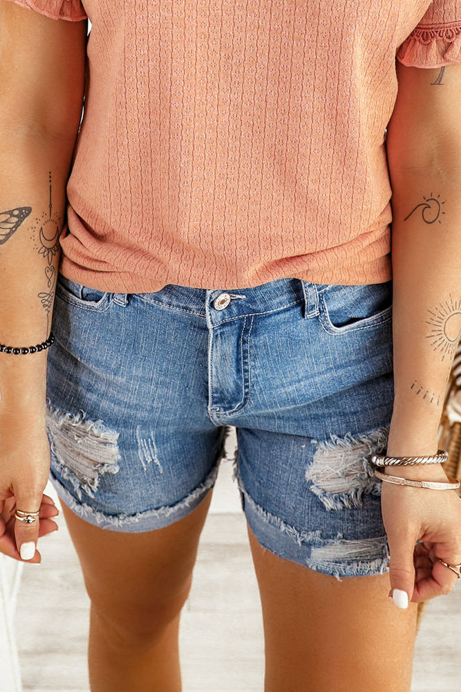 Lina Distressed Ripped Rolled Hem Sky Blue Denim Shorts