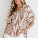 Brown Stripe Large Lina Short Puff Sleeve Blouse