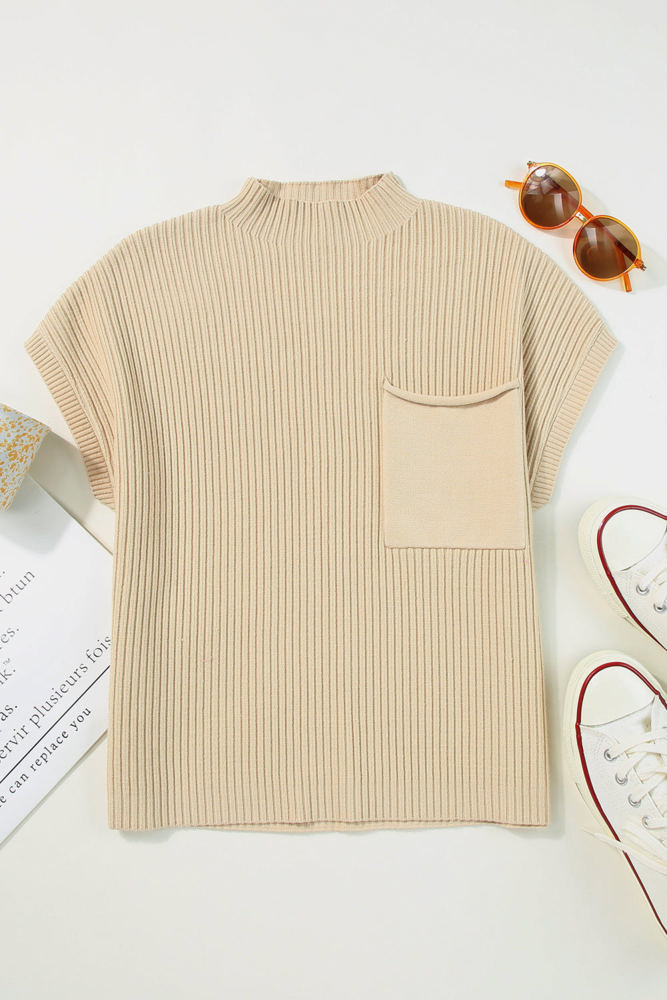 Lindsey Patch Pocket Ribbed Knit Short Sleeve Sweater