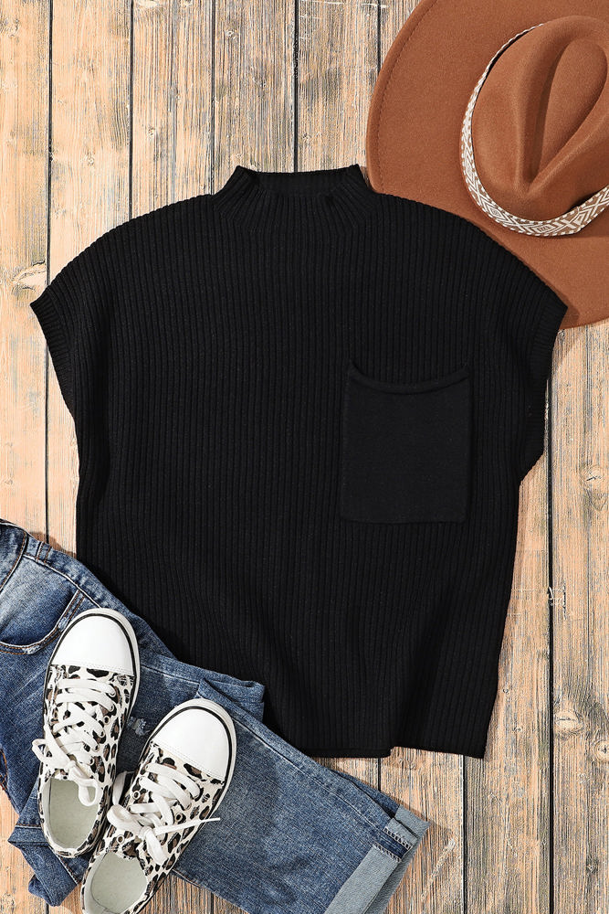 Lindsey Patch Pocket Ribbed Knit Short Sleeve Sweater