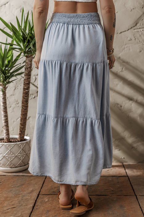 Lisa Tiered Smocked High Waist Denim Maxi Skirt